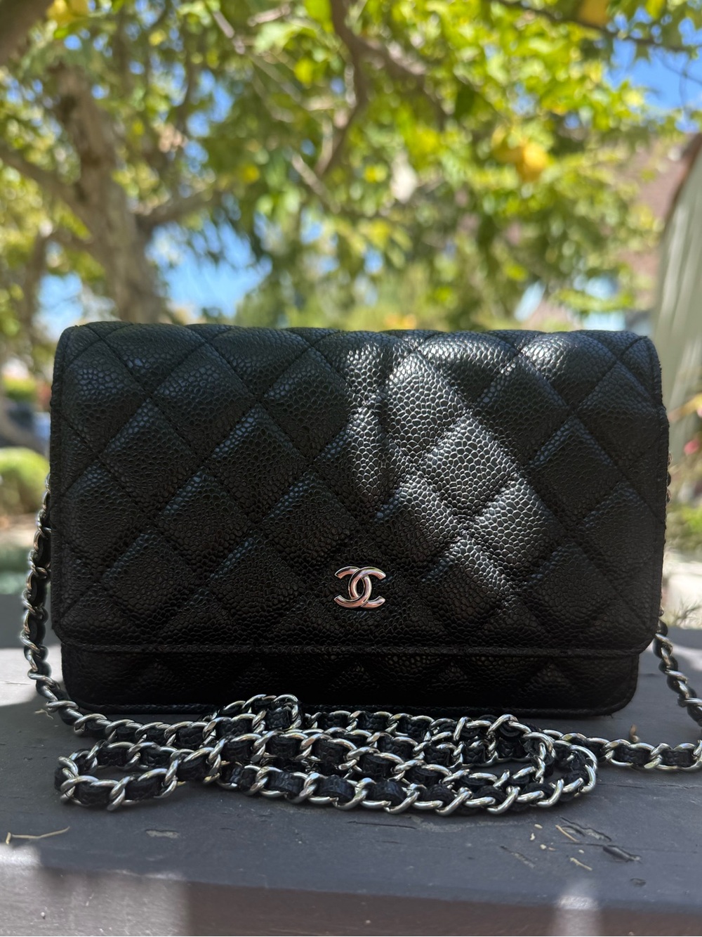 Black Quilted Caviar Leather Crossbody Bag with Silver-Tone CC